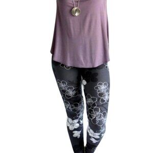 TCLC Floral Print Gray   White Full Length Leggings Plus Size NWT